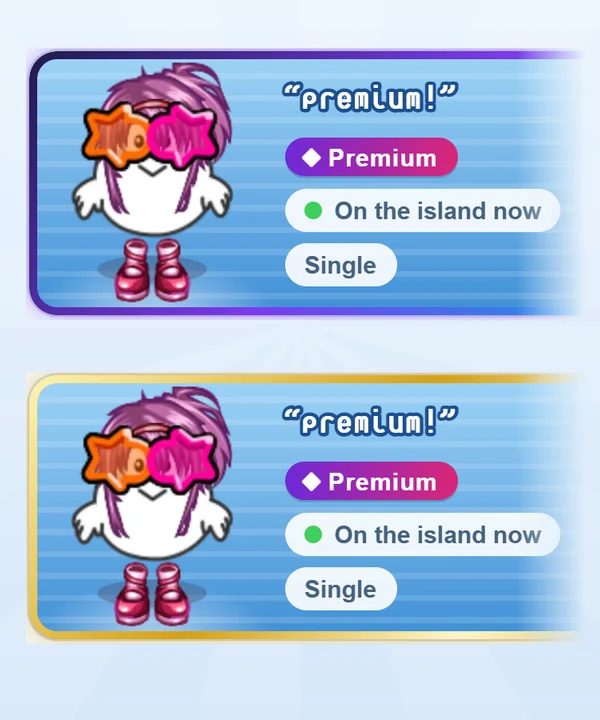 Profile cards in the game with the Galaxy and Gold frames and the Premium tag