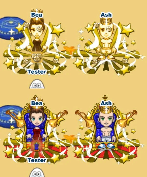 Two avatars in the game turned to gold statues with crowns and coins, then seated on gold thrones with trumpets
