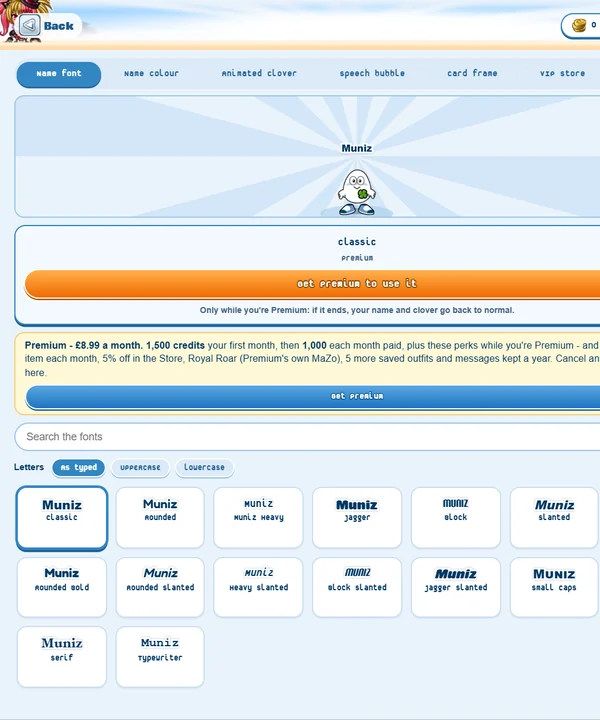 Victor's Premium page in the game: the name fonts and the avatar trying one on